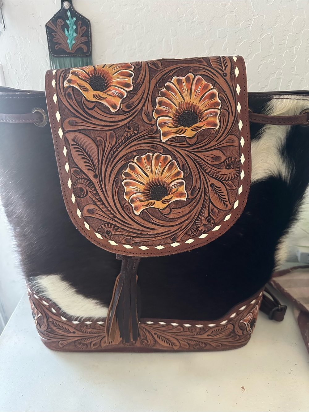 American Darling Backpack Hair On Hand Tooled Genuine Leather Handbag Purse